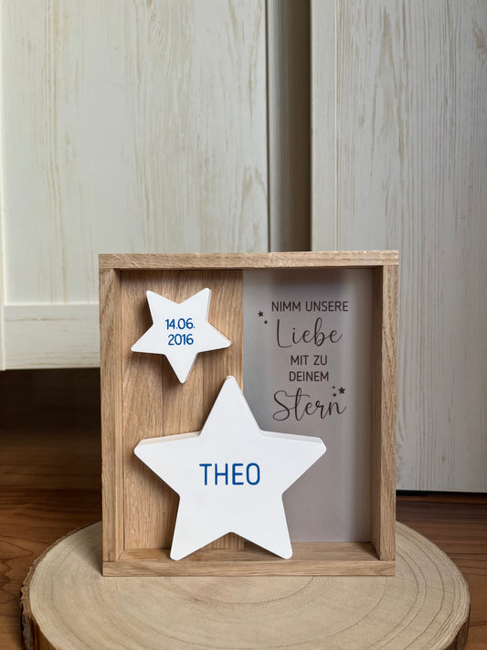 Trauerholzrahmen Sternenkind blau, Stern mit Name und Datum, Spruch auf Transparentpapier und LED-Lichterkette