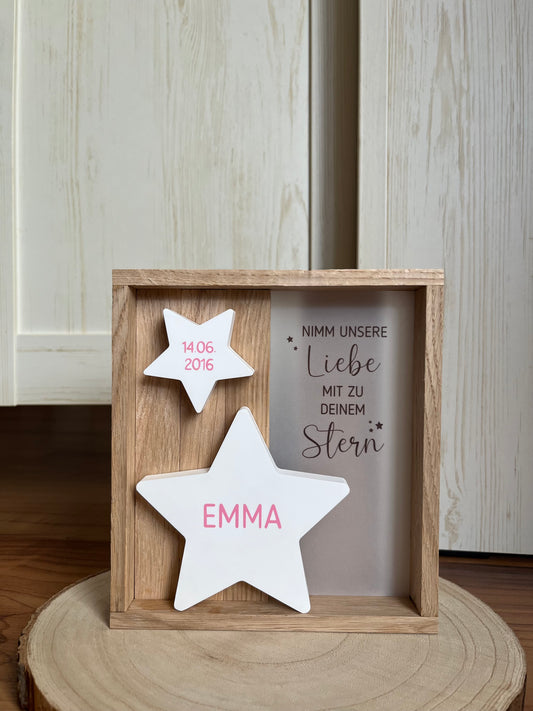 Trauerholzrahmen Sternenkind pink, Stern mit Name und Datum, Spruch auf Transparentpapier und LED-Lichterkette