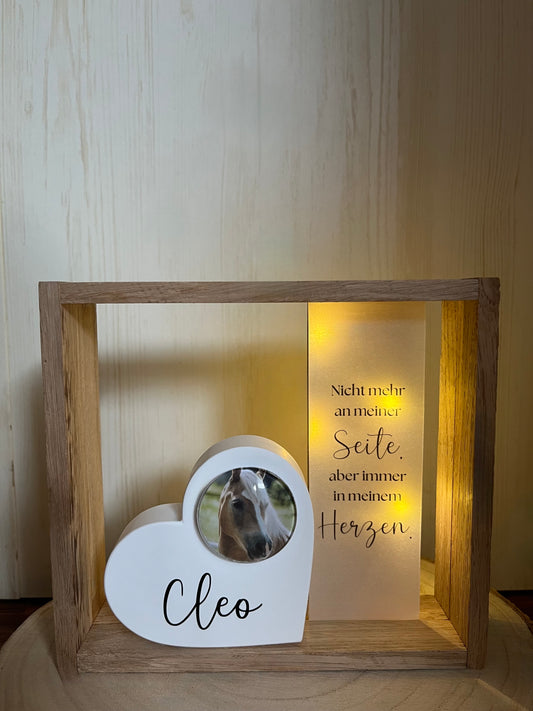 Trauerholzrahmen "Pferd", Herz mit Foto, Spruch auf Transparentpapier und LED-Lichterkette