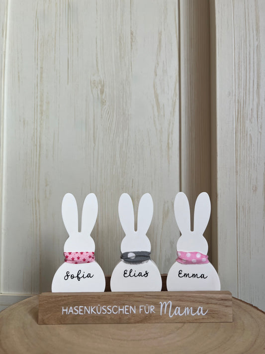 3er-Set stehende Hasen mit Namen, Klötzchenleiste, Halsband und Text