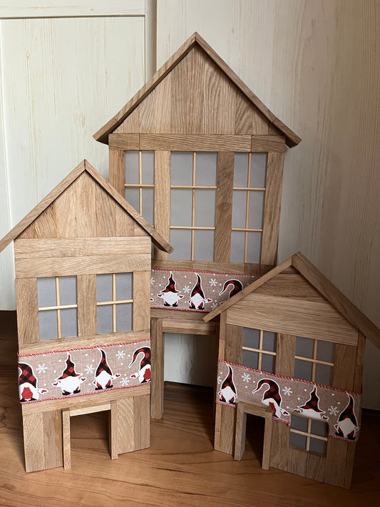 3er Set Lichthaus mit Transparentpapier, Dekorband und Lichterkette