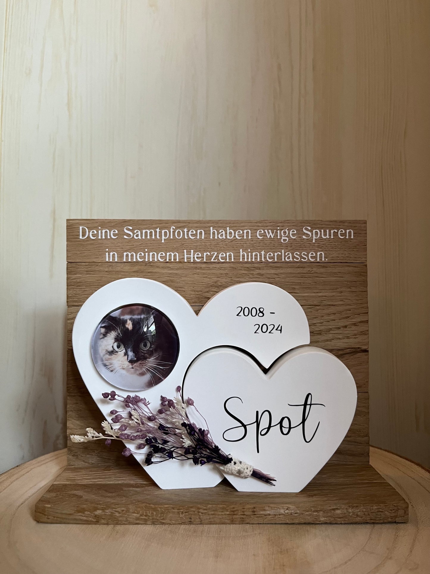 Herz mit Foto "Katze", Klötzchenwand, Blumen und Text
