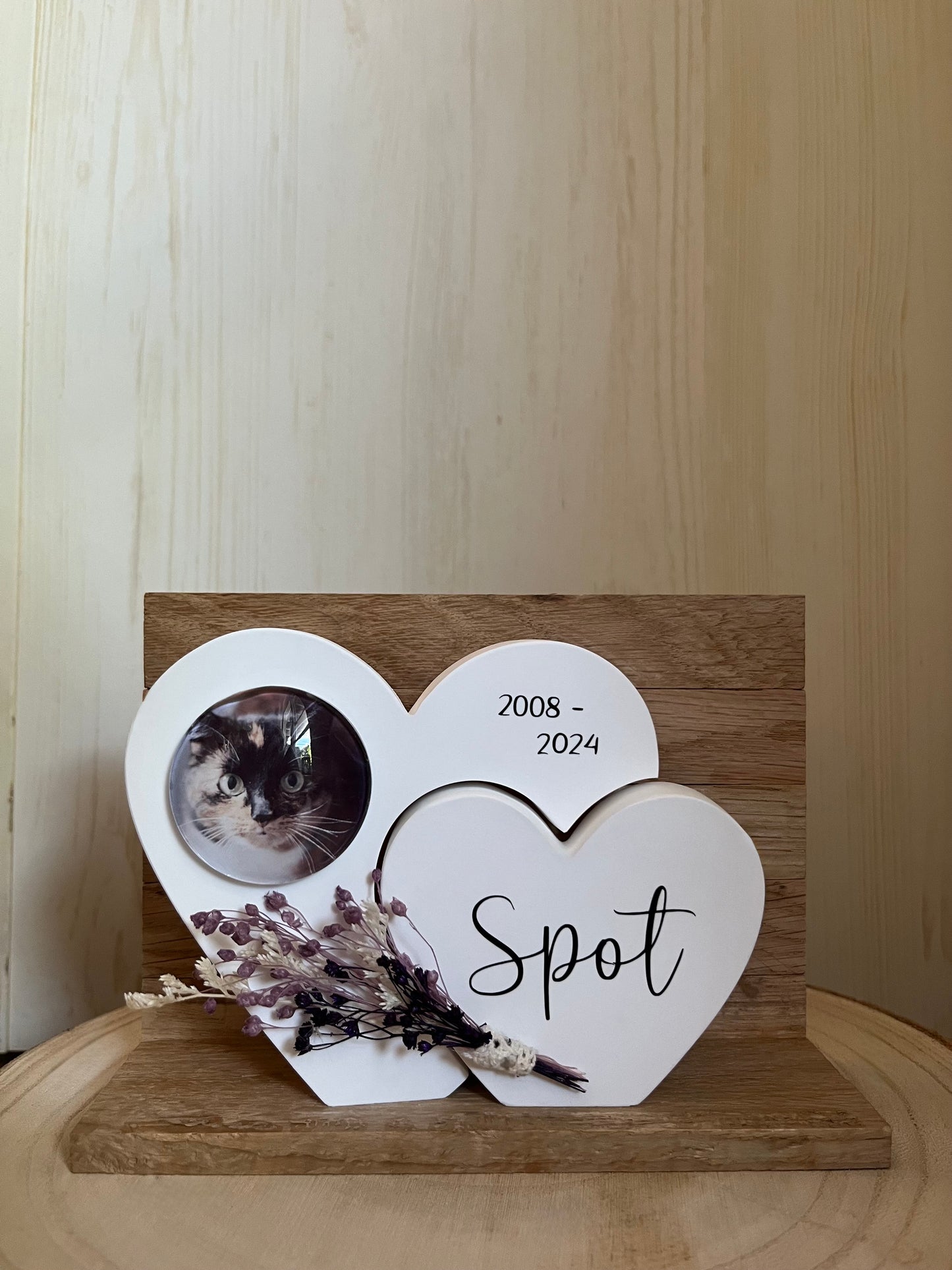 Herz mit Foto "Katze", Klötzchenwand und Blumen