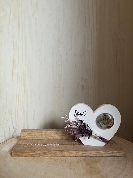 Herz mit Foto klein "Katze", Klötzchenleiste und Blumen