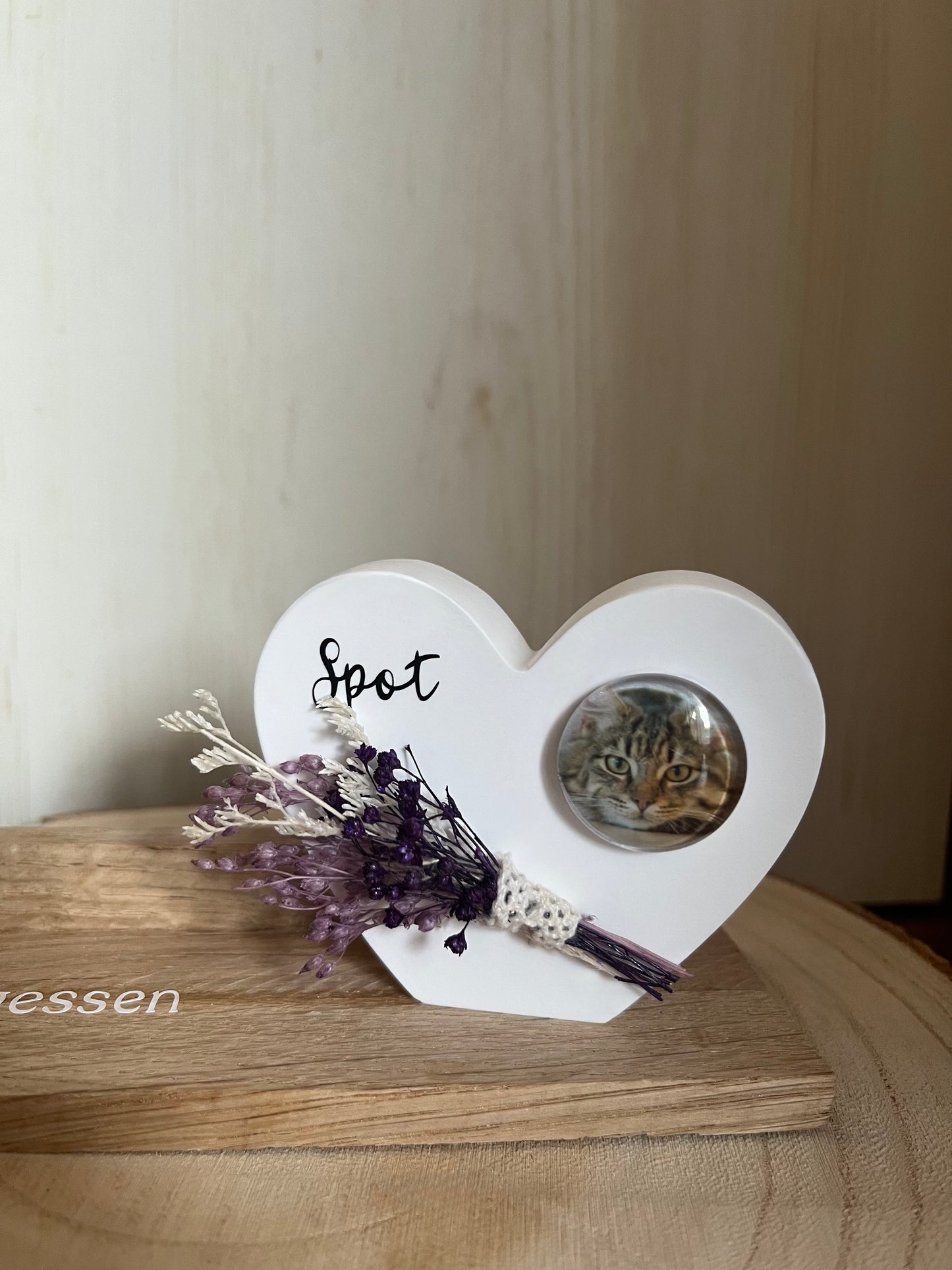 Herz mit Foto klein "Katze", Klötzchenleiste und Blumen