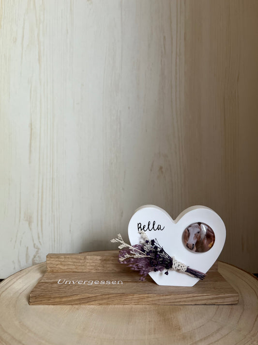 Herz mit Foto "Pferd" klein, Klötzchenleiste und Blumen