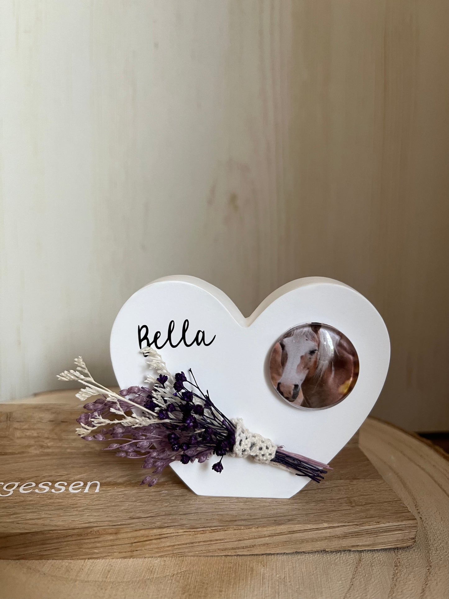 Herz mit Foto "Pferd" klein, Klötzchenleiste und Blumen